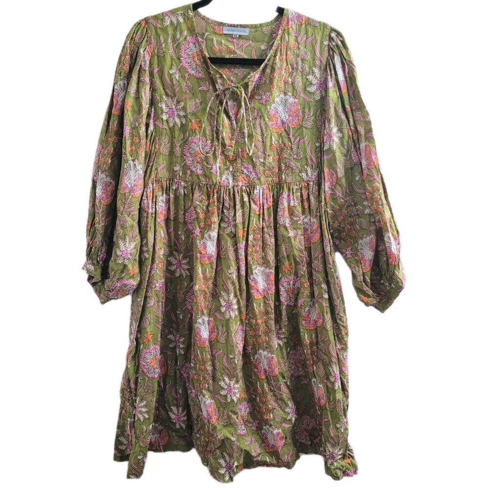 Le Bazar Coastal Stellita Caftan XL Green Floral India Cotton Boho Peasant Dress
